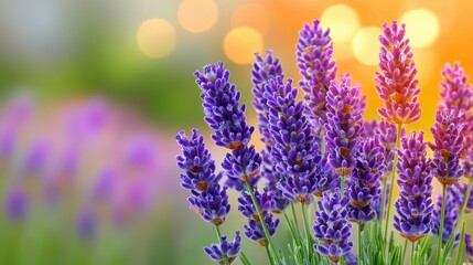   A field of lavender flowers with a sunny backdrop and a close-up of several lavender blooms in focus