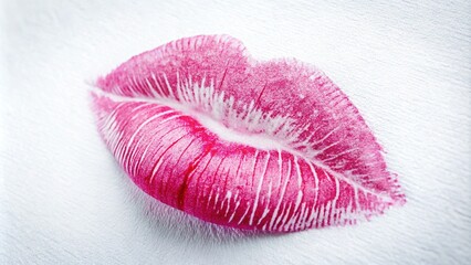Fototapeta premium Soft, delicate, and tender, a gentle smooch leaves a trail of vibrant pink lip marks on a pristine white surface, exuding romance and affection.