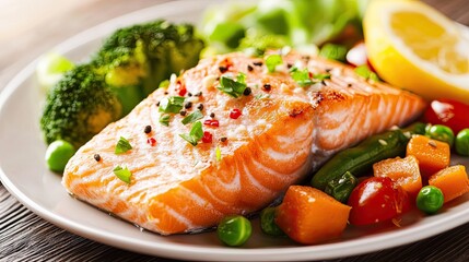 Grilled Salmon with Vegetables on a White Plate