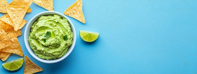 Obraz premium A blue backdrop holds a bowl of guacamole, encircled by tortilla chips and lime wedges