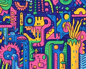 Vibrant and whimsical line art illustration depicting a colorful wonderland filled with abstract geometric shapes and playful elements