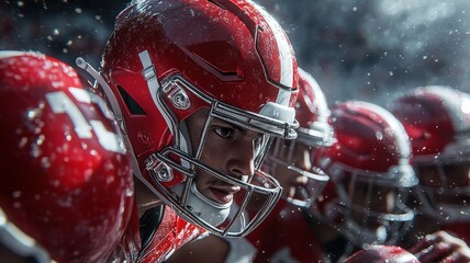 Fototapeta premium Intense football players prepared for action under the rain, showcasing determination and teamwork in a thrilling sports atmosphere.