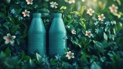 Obraz premium Two eco-friendly bottles surrounded by lush greenery and flowers, showcasing nature and sustainability in a vibrant setting.