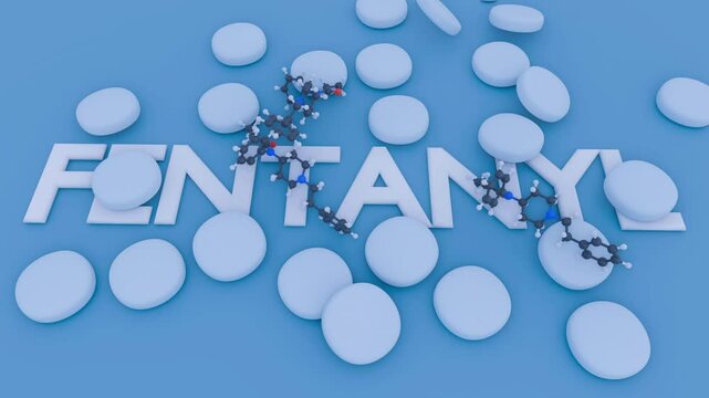 3d animation of the word 'FENTANYL' and its underlying chemical structure, with scattered drugs and paraphernalia in the background, highlighting the impact of opioid addiction.