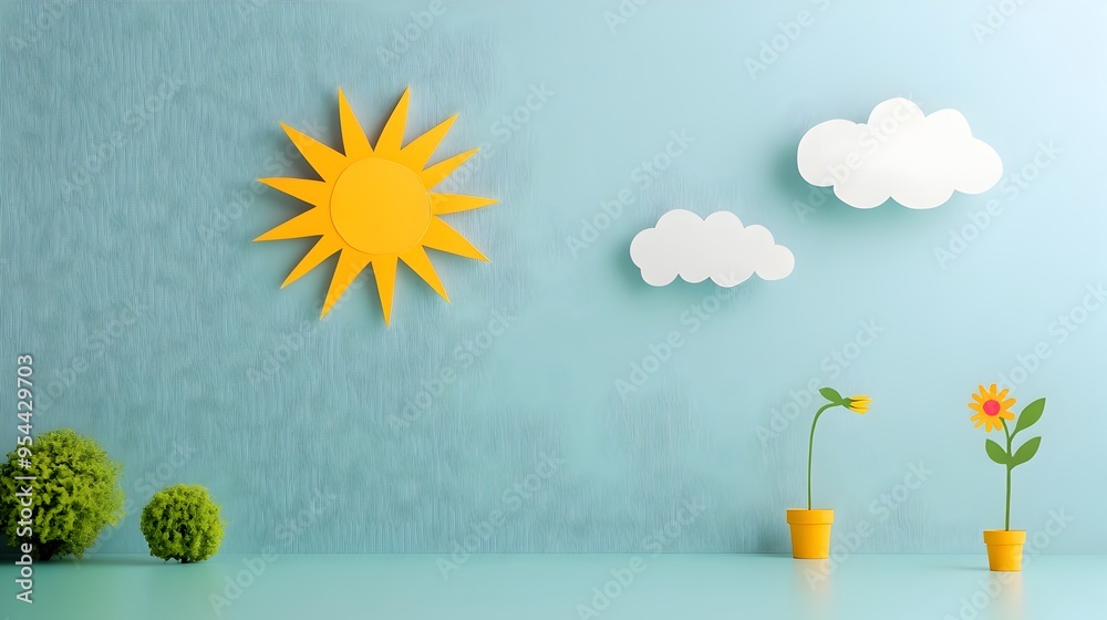 Poster sun and rain cloud in minimalist paper cut style representing mixed weather
