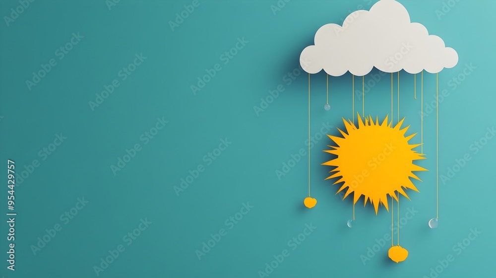 Poster sun and rain cloud paper cut style symbolizing mixed weather conditions