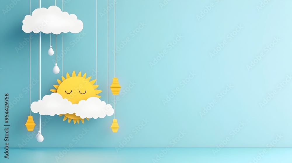 Poster sun partially obscured by cloud in paper cut style concept