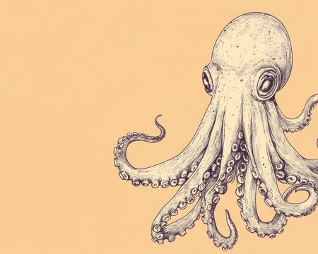 recommend clip art: Line art illustration of a squid with tentacles on a pastel orange background featuring ample copy space
