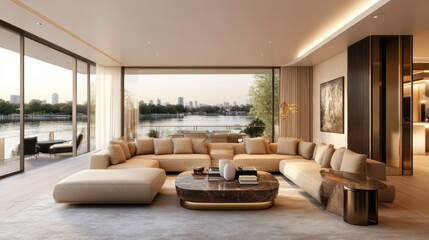 Fototapeta premium Luxurious modern living room design with river views, soft beige tones, and a large coffee