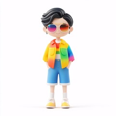 A man in a rainbow jacket stands in front of a white background, 3d style, Concept of LGBTQ
