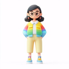 A woman in a rainbow jacket stands in front of a white background, 3d style, Concept of LGBTQ