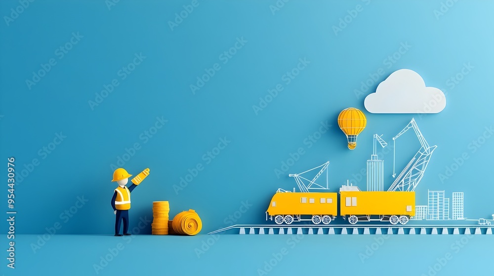 Poster transportation engineering blueprint in paper cut style symbolizing infrastructure design