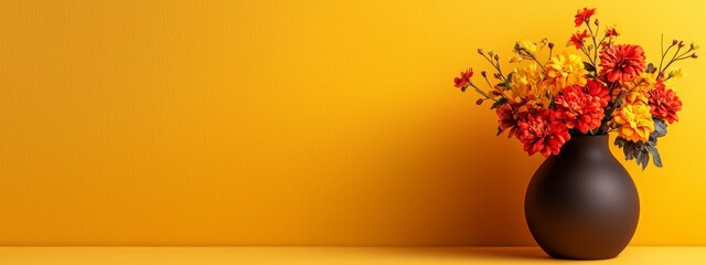  A black vase holds colorful flowers atop a yellow table Behind, a yellow wall serves as the backdrop