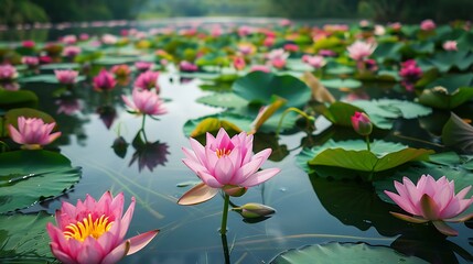 Pink water lilies bloom in a serene pond, surrounded by green leaves, creating a tranquil and beautiful scene.