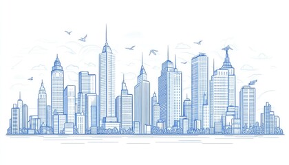Line art illustration of a skyline with blue buildings Concept of business travel and tourism featuring historic architecture Suitable for presentations banners and websites