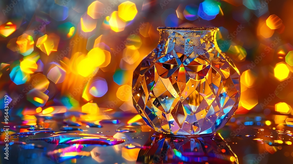 Poster crystal vase with a unique design stands out against a backdrop of colorful bokeh lights, creating a