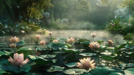 Serene pond with lush green lily pads and delicate pink lotus flowers in full bloom morning mist for peaceful nature tranquil beauty and calm water garden concept.