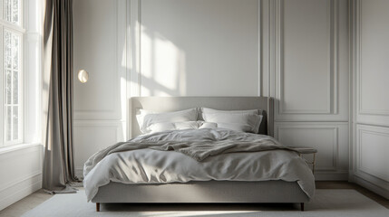 Minimalist bedroom with a light grey bed backdrop, white walls, grey bed frame, soft