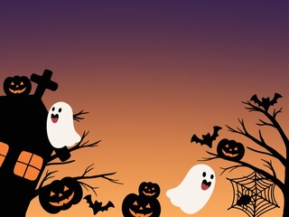 A Spooky Happy Halloween scene background. Haunted house with pumpkins, ghosts, bats and spider.