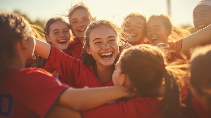 Girls baseball team lifting a teammate in celebration, strong bond, group effort, energetic and lively composition