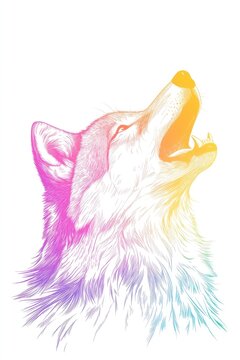 recommend clip art: Line art illustration featuring a cartoon wolf howling complemented by a vibrant rainbow gradient in the design