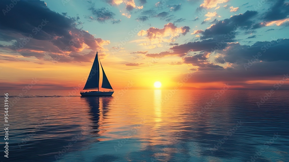 Wall mural Sailboat at Sunset on a Calm Ocean