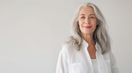 Fototapeta premium portrait of happy senior woman with gray hair wearing a white shirt on a light background, middle age happy woman, smiling woman, portrait of a woman