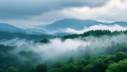 In the mountains shrouded in mist, verdant forests and rolling hills show peaceful natural beauty, and clouds and trees interweave to create a mysterious atmosphere.