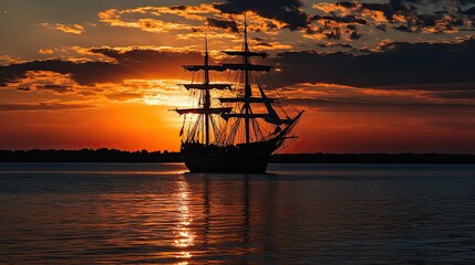 Obraz premium Silhouette of a Tall Ship Sailing at Sunset