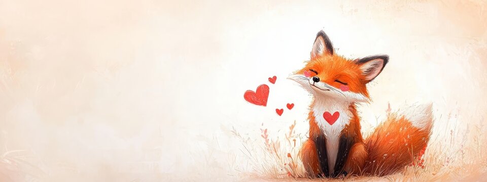 A painting of a red fox with hearts decorating its tail, seated in a tall grass field - Powered by Adobe