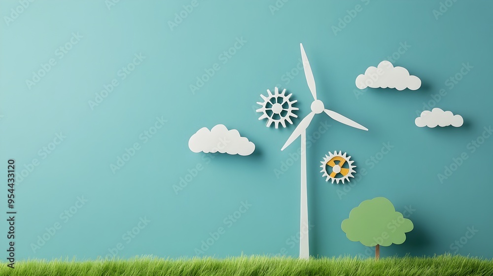 Poster Windmill with Gears Representing Energy Conversion Engineering in Paper Cut Style