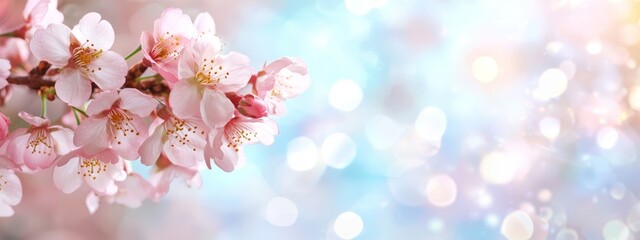 Fototapeta premium A close-up of pink flowers on a branch with a blurred background and bokeh of light in the rear