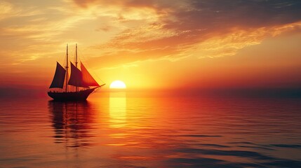 Fototapeta premium Silhouette of a Sailboat on the Ocean at Sunset