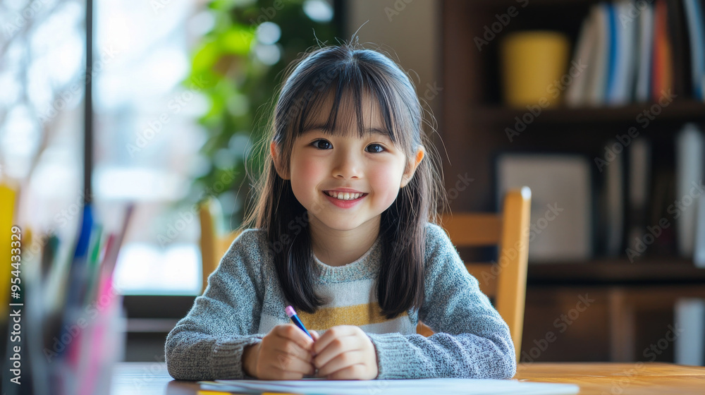 Wall mural Portrait of a young Asian Japanese girl kid sitting at the dining table doing homework, math problems with a smile