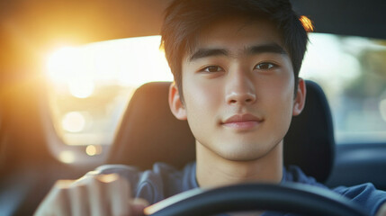Portrait of a young Asian Japanese adult man driving a car with hands on the wheel