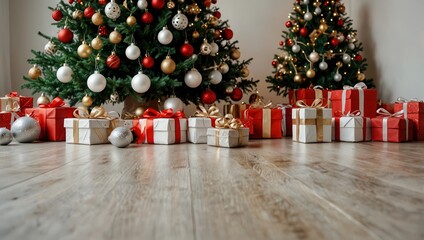 Big beautiful christmas tree decorated with beautiful shiny baubles and many different presents on wooden floor. White wall background with a lot of copy space for text. Close up