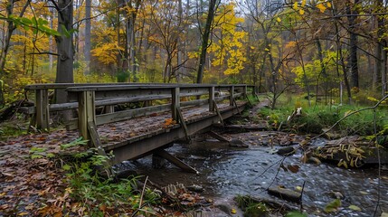 Wooden bridge stretches over a small stream in a misty forest. The leaves on the trees are changing color, creating a beautiful autumn scene.