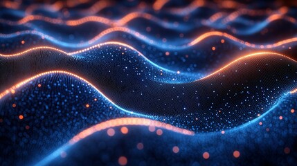 Abstract Blue and Orange Glowing Particle Waves