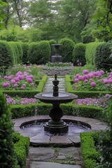 Tranquil Oasis: Serene GardenFountain, Lush Blooms, and Stone Pathway for Relaxation