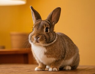 Obraz premium Netherland dwarf rabbit sit on the table in modern room and looking at camera. Ai generated image