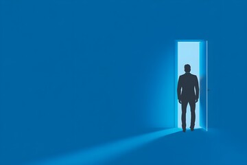 Obraz premium A man stands in front of a door, looking out into the blue background
