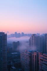 Fototapeta premium Calm Anticipation: City Skyline at DawnSoft Blue and Pink Skies