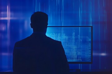 A man is sitting in front of a computer monitor, looking at the screen