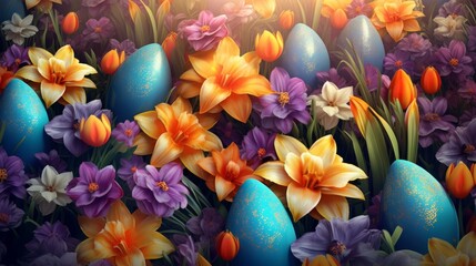 Obraz na płótnie Canvas Vibrant easter floral background: colorful assortment of fresh spring flowers, including tulips, daffodils, and lilies, creating a festive and joyful atmosphere for seasonal celebrations and springtim