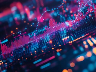 Hightech financial graphs, glowing neon colors, data streams in motion, closeup, futuristic and analytical