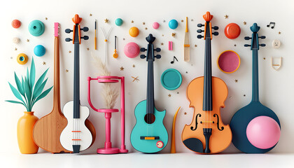 Naklejka premium Colorful Musical Instruments Still Life with Decorative Elements