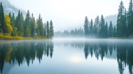 Obraz premium Misty morning lake, serene reflection of pine trees, panoramic view, soft light, calm waters, wideangle lens, tranquil atmosphere