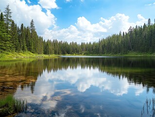 Fototapeta premium Panorama of a clear forest lake, scattered clouds, calm reflective waters, afternoon light, wide shot, peaceful wilderness