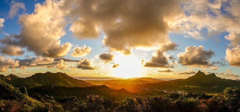 A Panoramic aerial image from the Pali Lookout on the island of Oahu in Hawaii.