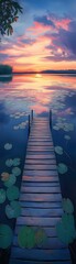 Sunset over a lilycovered lake, wooden pier leading into the distance, vibrant sky, panoramic view,...